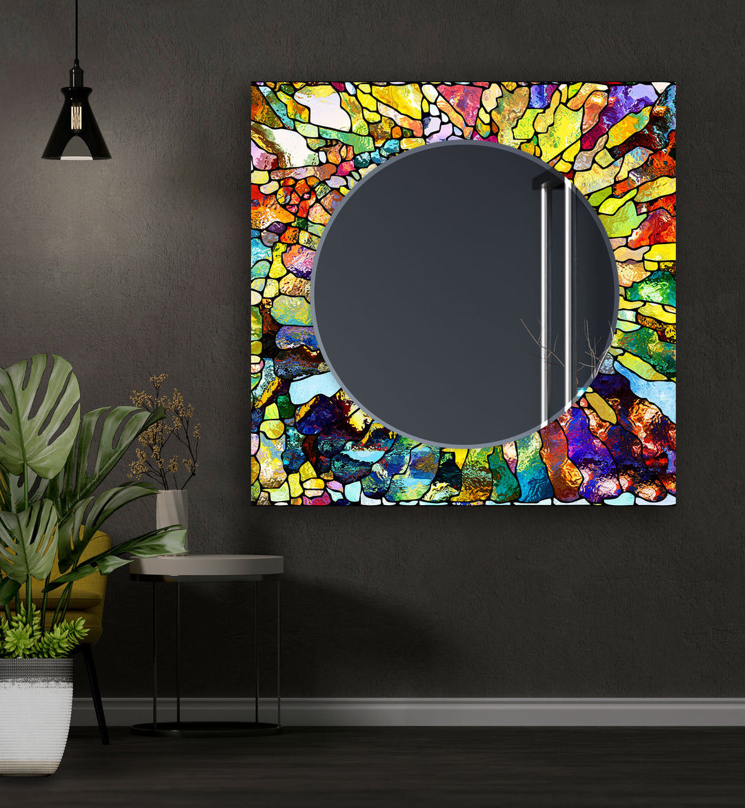 Stained Yellow & Green Round Wall Mirror Entryway Wall Mirror
