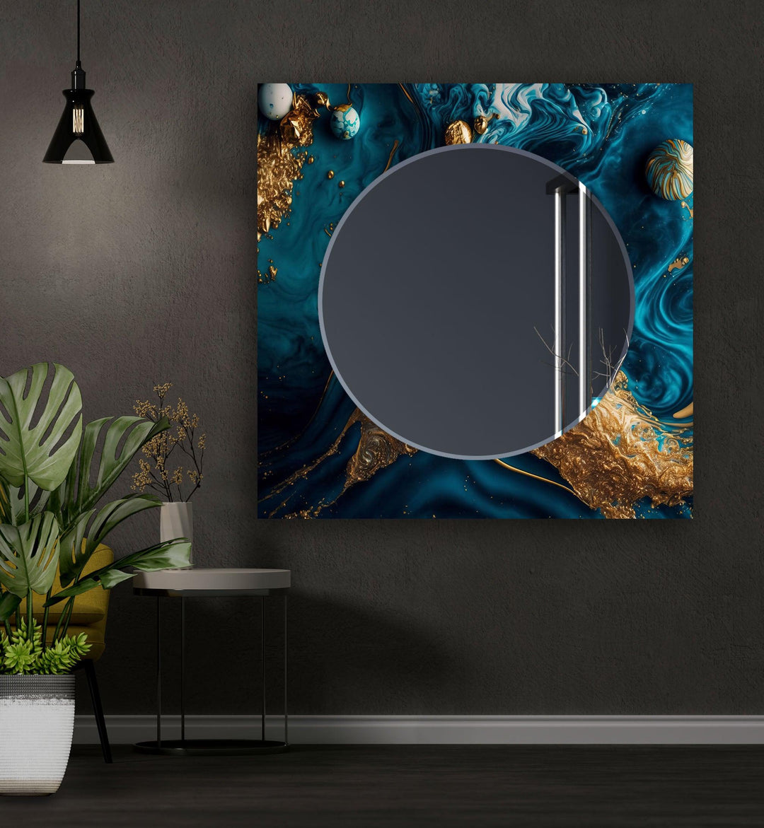 Modern Blue and Golden Wall Mirror black frame mirror
