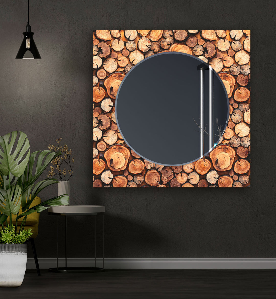 Brown Wood Design Wall Mirror Stained Glass Wall Mirror
