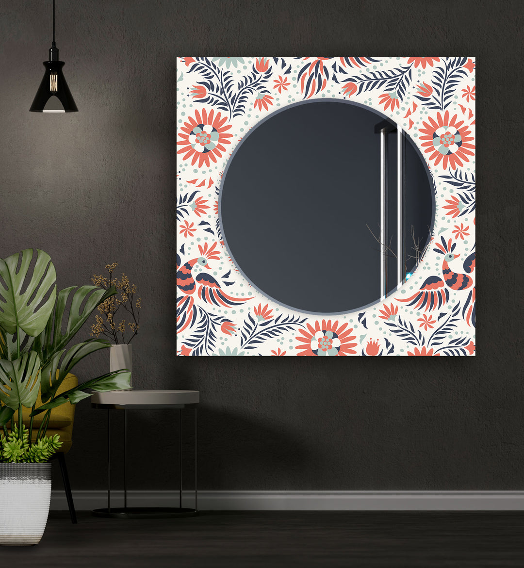 White & Orange Flowers Round Wall Mirror Round Mirror
