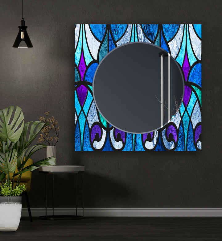 Geometric Blue Lines Wall Mirror Stained Glass Wall Mirror
