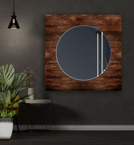 Wooden Round Tempered Glass Wall Mirror