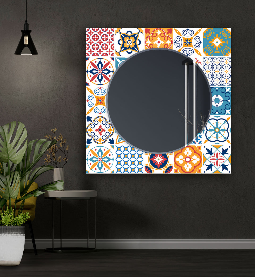 Mosaic White & Orange Round Wall Mirror big mirror
