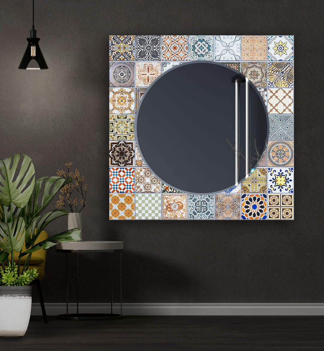 Mosaic Design Beige Round Wall Mirror Huge Wall Mirror
