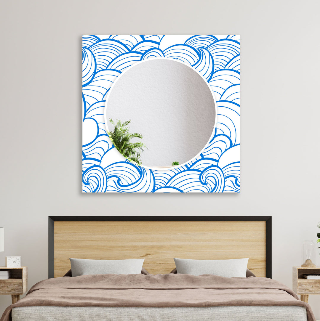 Cartoon Blue Sea Waves Wall Mirror Square Mirror
