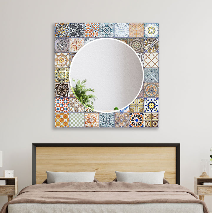 Mosaic Design Beige Round Wall Mirror Entryway Mirror
