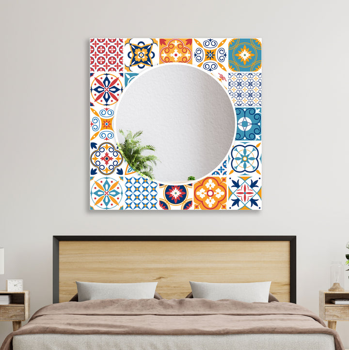 Mosaic White & Orange Round Wall Mirror white 