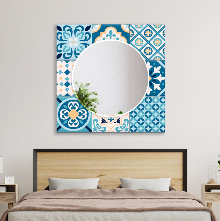 Mosaic Blue Design Wall Mirror black frame mirror
