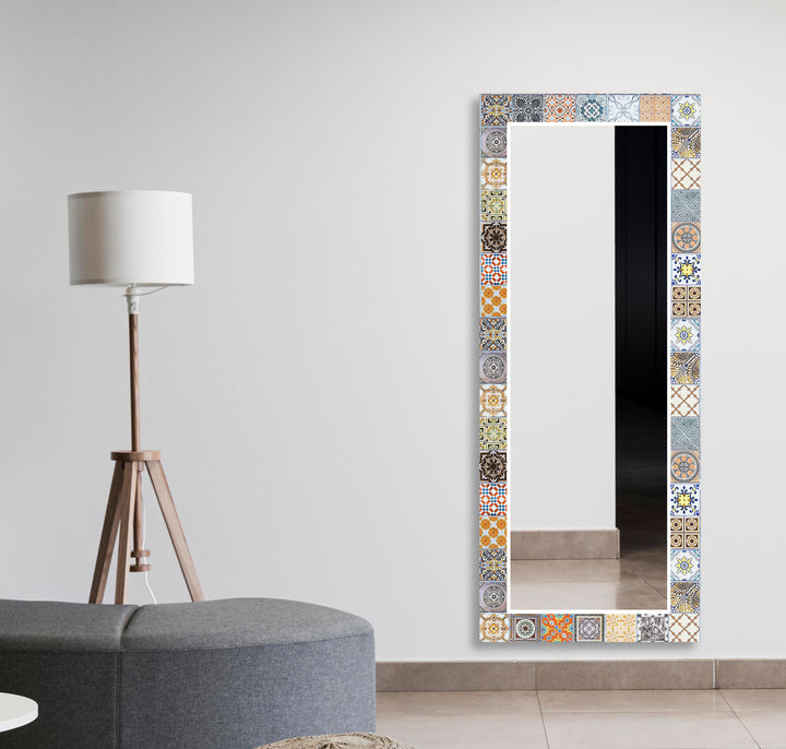 Mosaic Design Beige Round Wall Mirror Long Mirror
