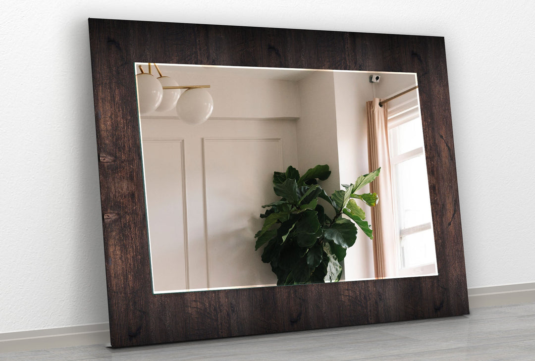 Dark Brown Wood Design Wall Mirror Stained Glass Mirror
