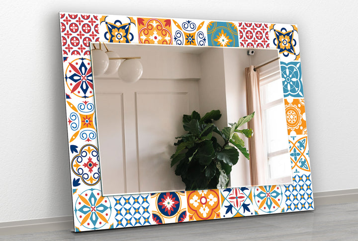 Mosaic White & Orange Round Wall Mirror white mirror
