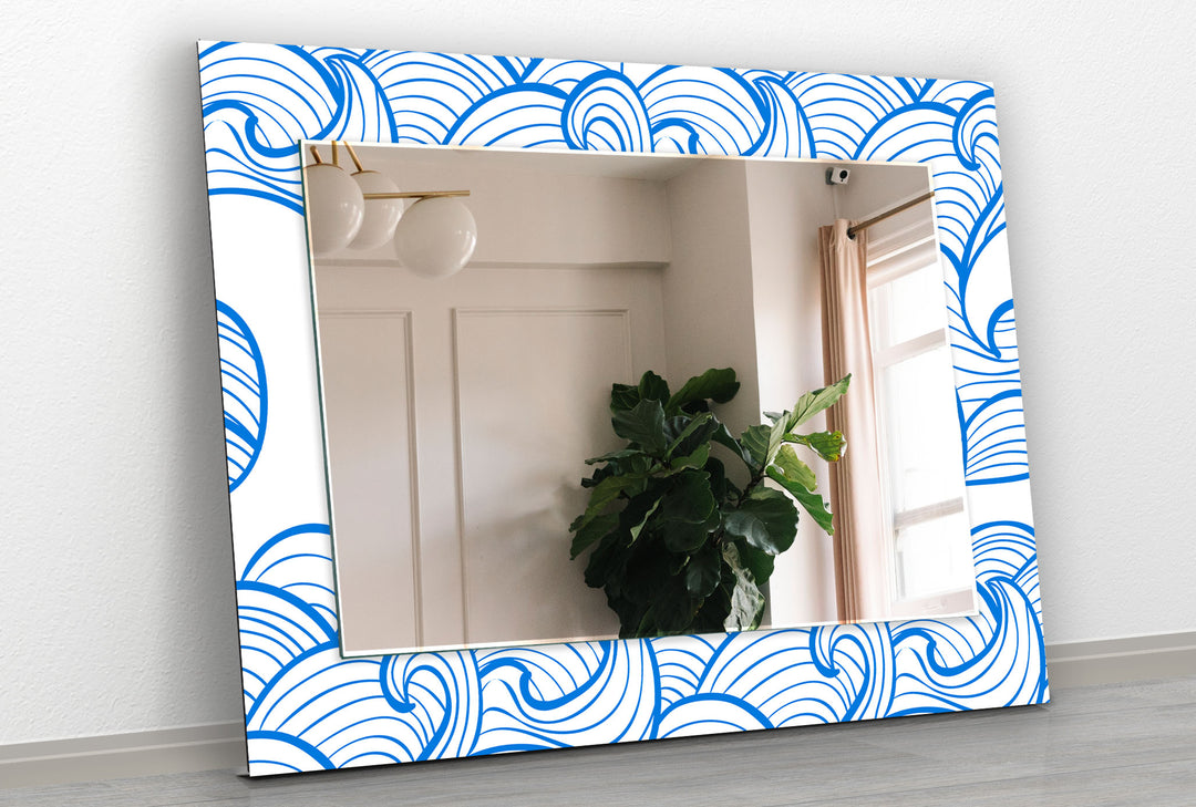 Cartoon Blue Sea Waves Wall Mirror Rectangle Wall Mirror
