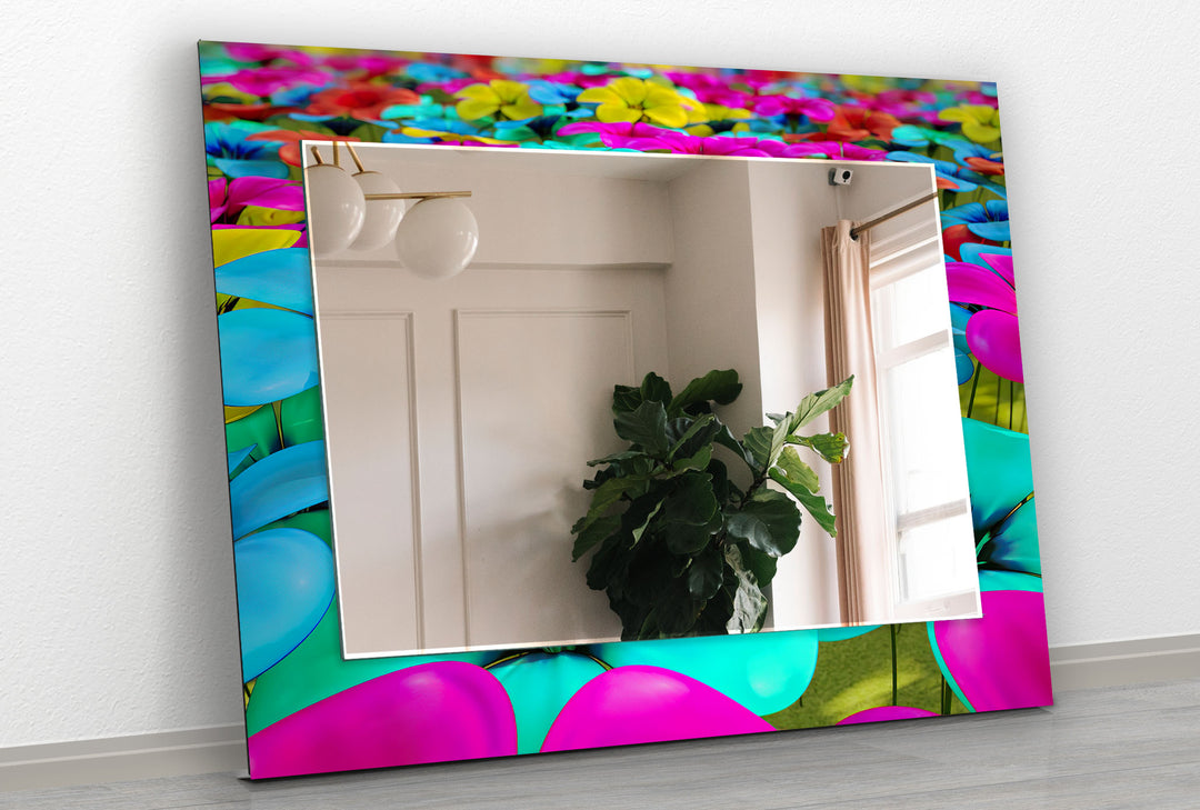 Colored Neon Flowers Wall Mirror Square Wall Mirror
