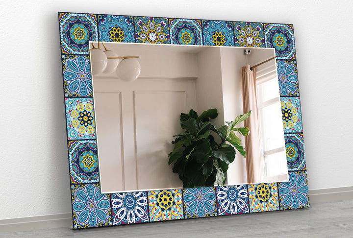 Mosaic Yellow Blue Round Wall Mirror mirrors in black
