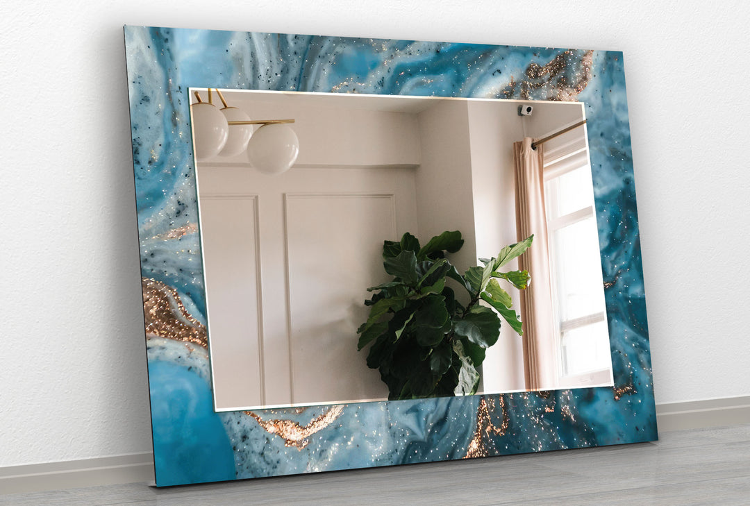 Sea Blue with Bronz Details Wall Mirror Bathroom Wall Mirror
