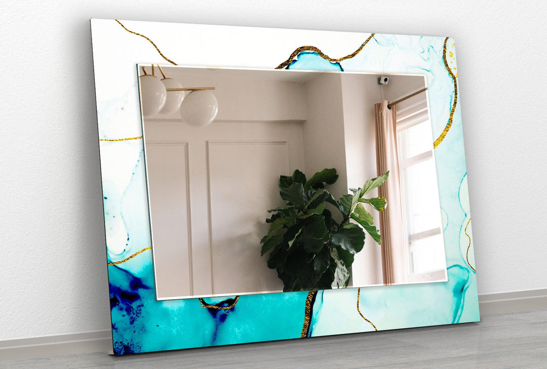 White and Turquoise Golden Details Wall Mirror Bathroom Wall Mirror
