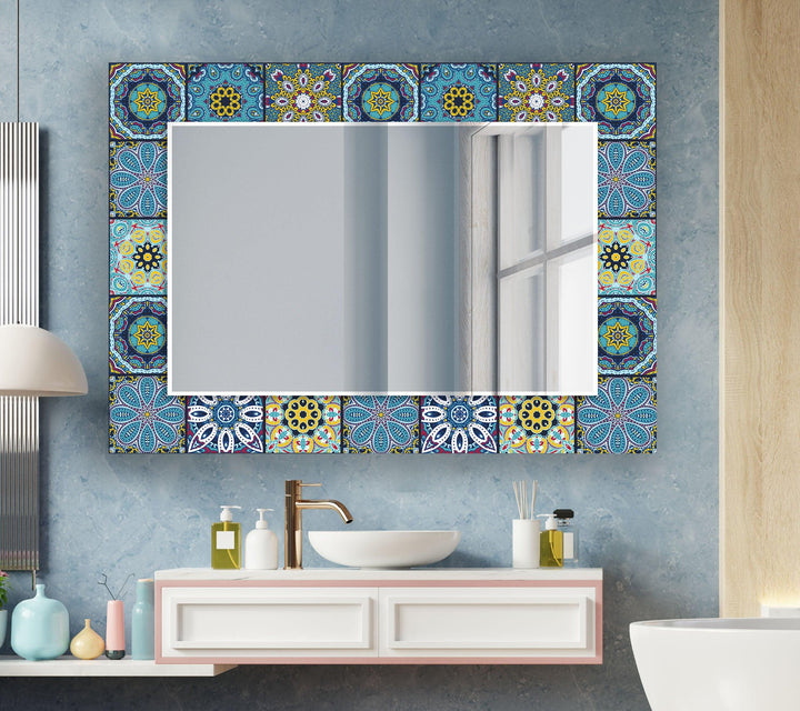 Mosaic Yellow Blue Round Wall Mirror Abstract Wall Mirror
