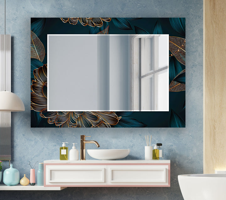 Gold Leaves Green Abstract Wall Mirror black frame mirror
