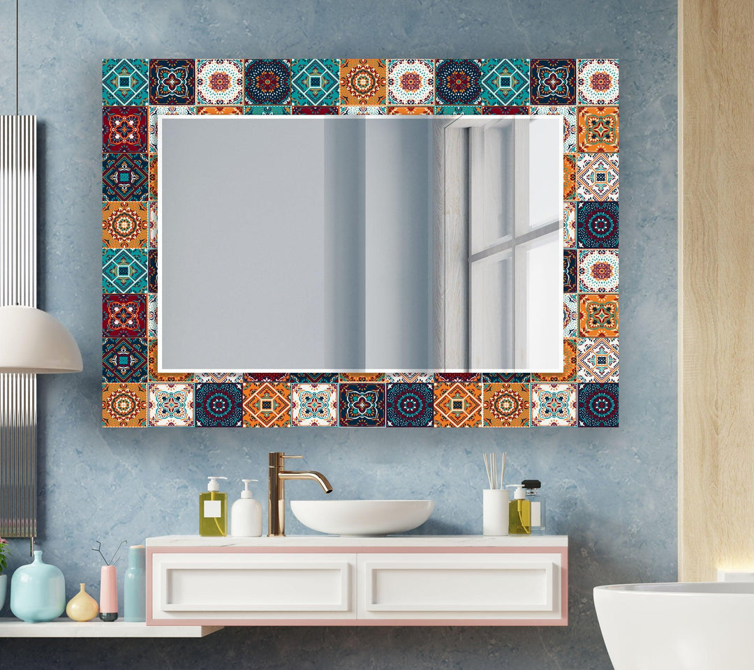 Orange & Blue Mosaic Wall Mirror Square Mirror
