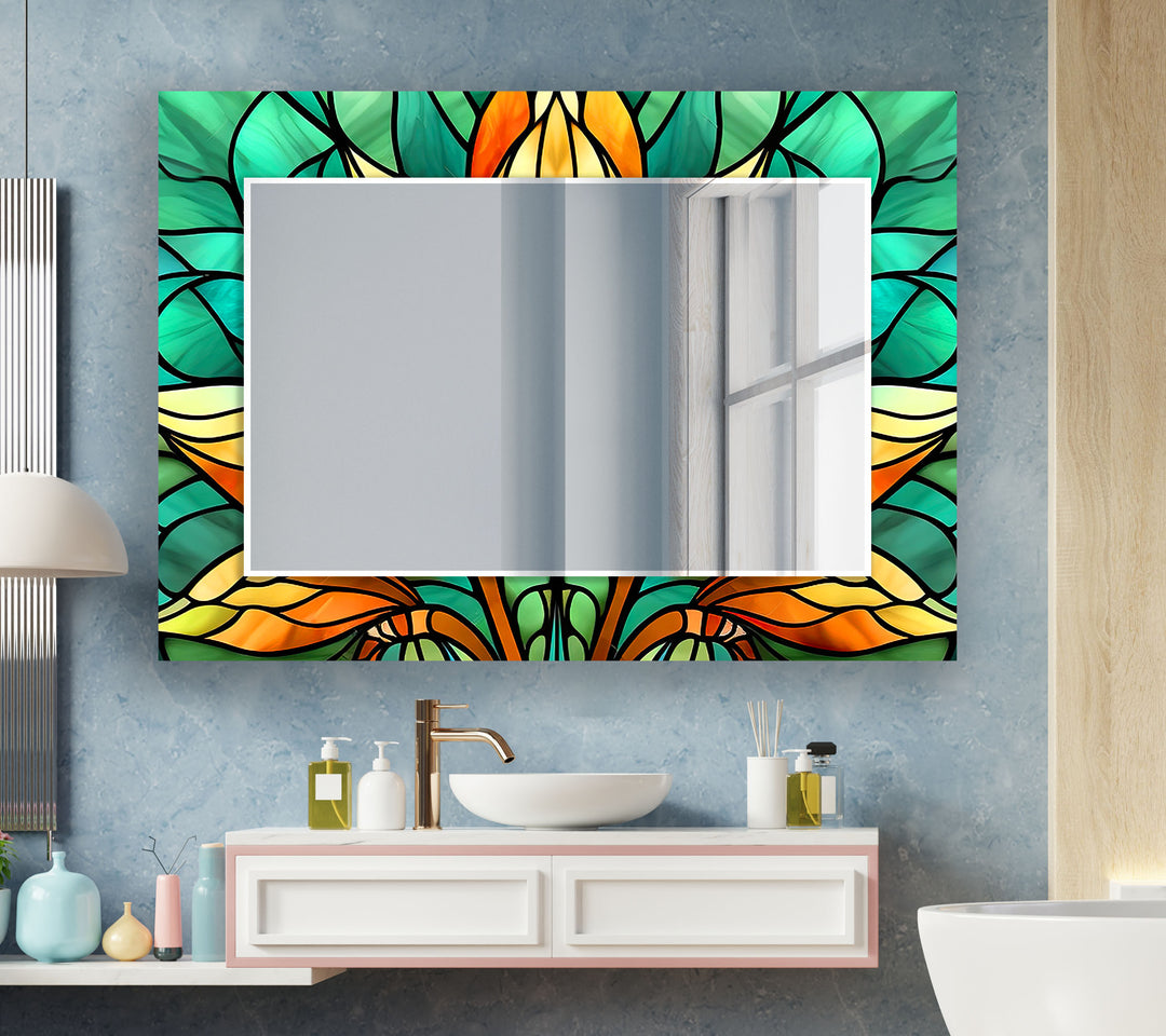 Green Orange Flowers Wall Mirrors Bathroom Wall Mirror
