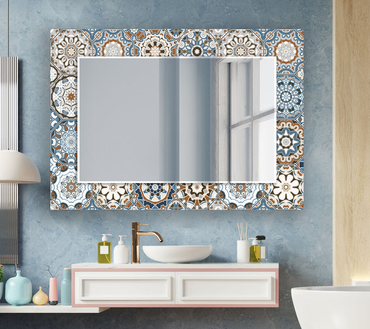 Mosaic Silver Beige Round Wall Mirror bathroom mirror with lights
