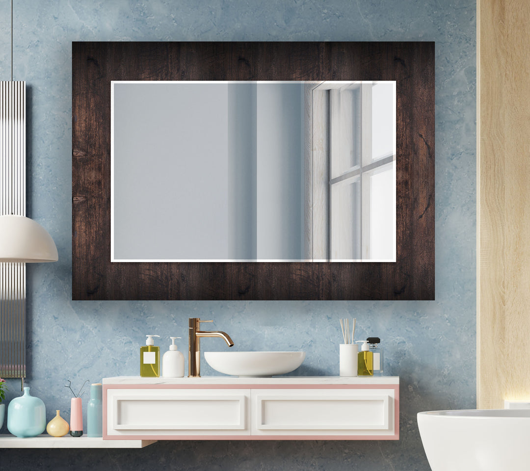 Dark Brown Wooden Pattern Design Wall Mirror Rectangle Mirror
