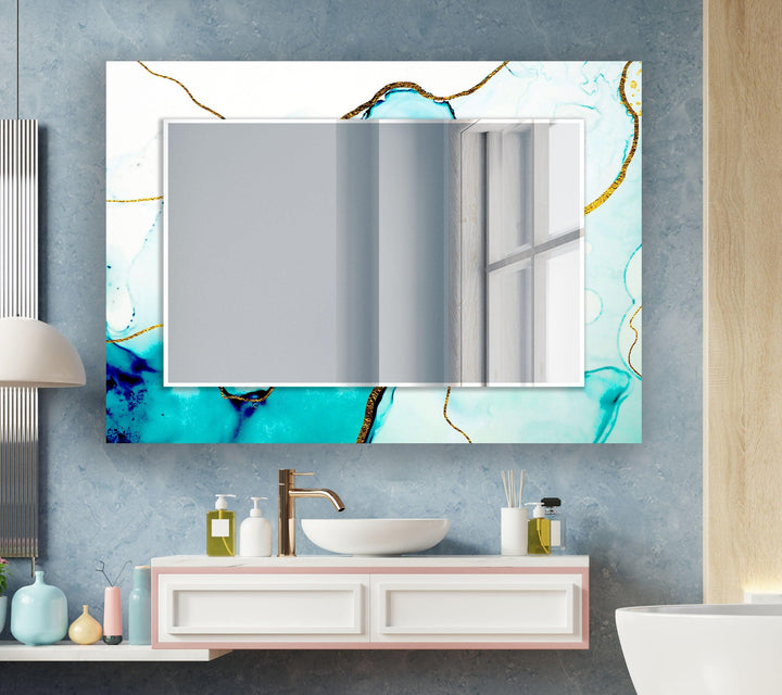 White and Turquoise Golden Details Wall Mirror Rectangle Mirror
