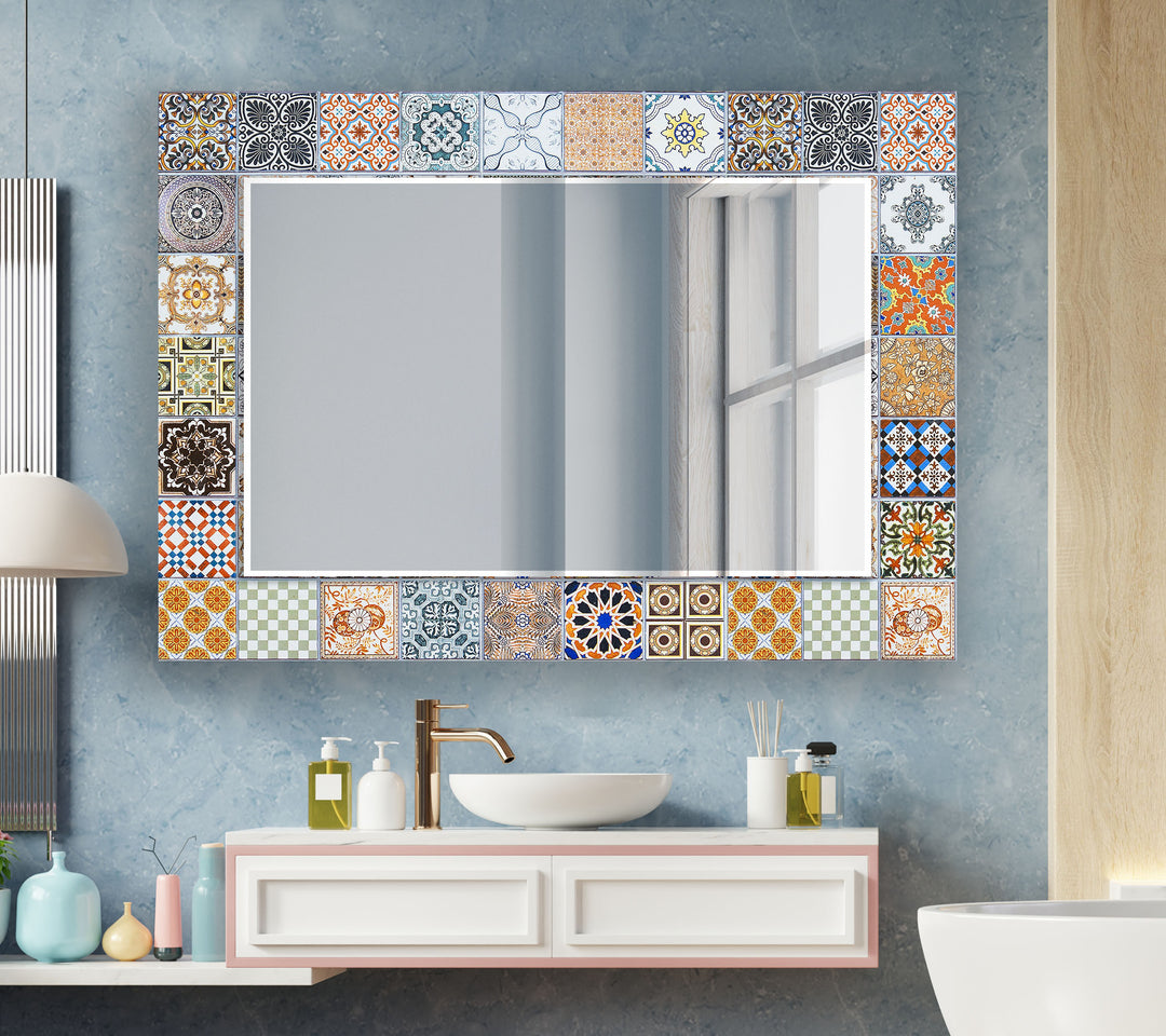 Mosaic Design Beige Round Wall Mirror Bedroom Mirror
