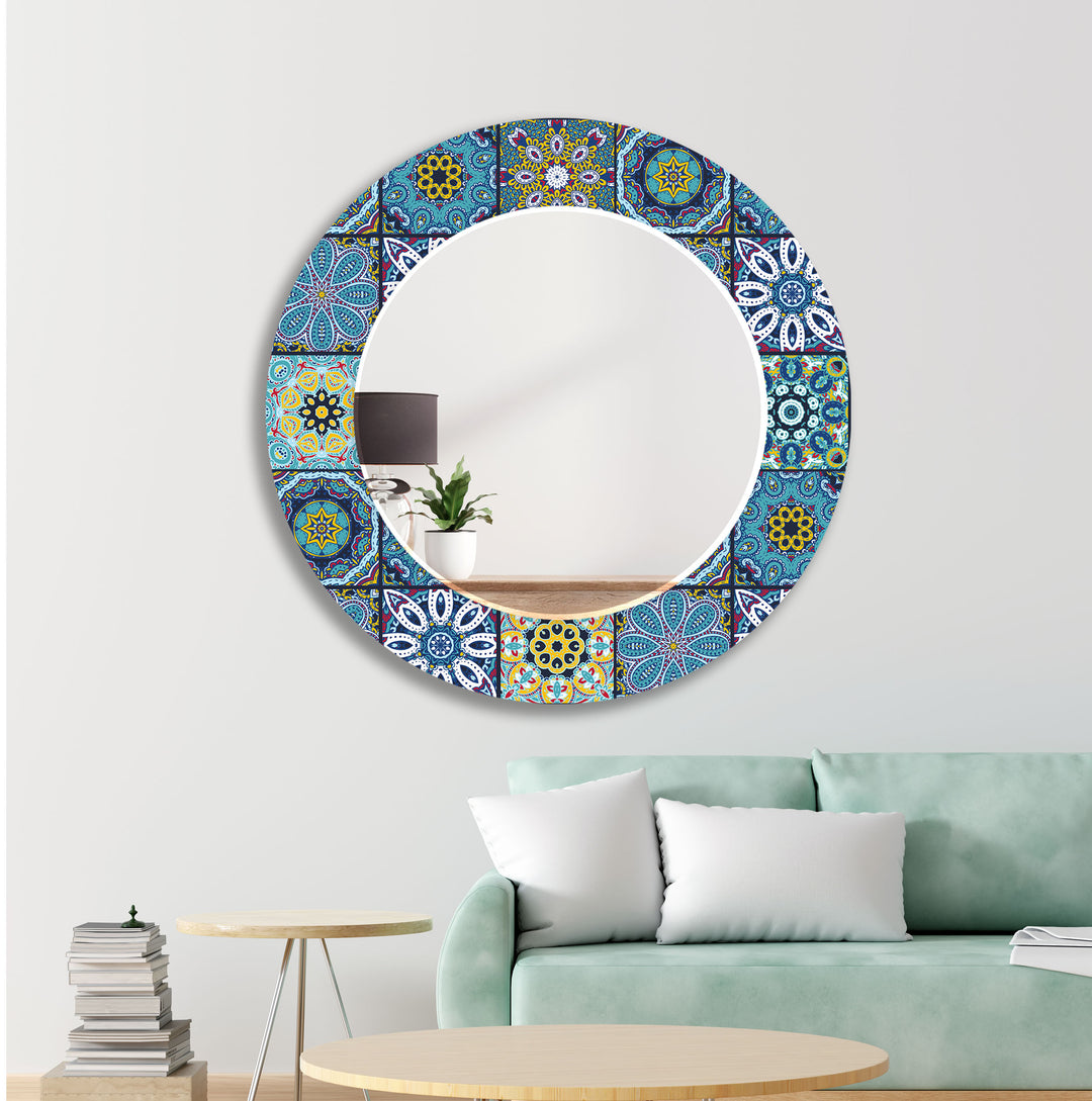 Mosaic Yellow Blue Round Wall Mirror Marble Mirror
