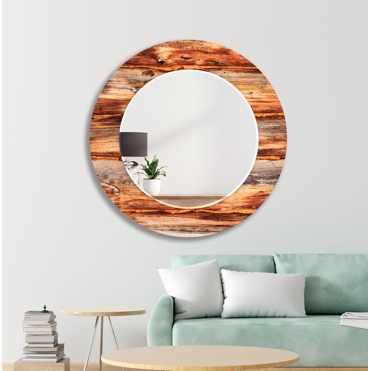 Brown Wood Pattern Round Wall Mirror Framed Mirror
