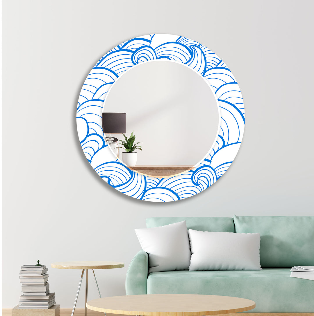 Cartoon Blue Sea Waves Wall Mirror Blue Mirror
