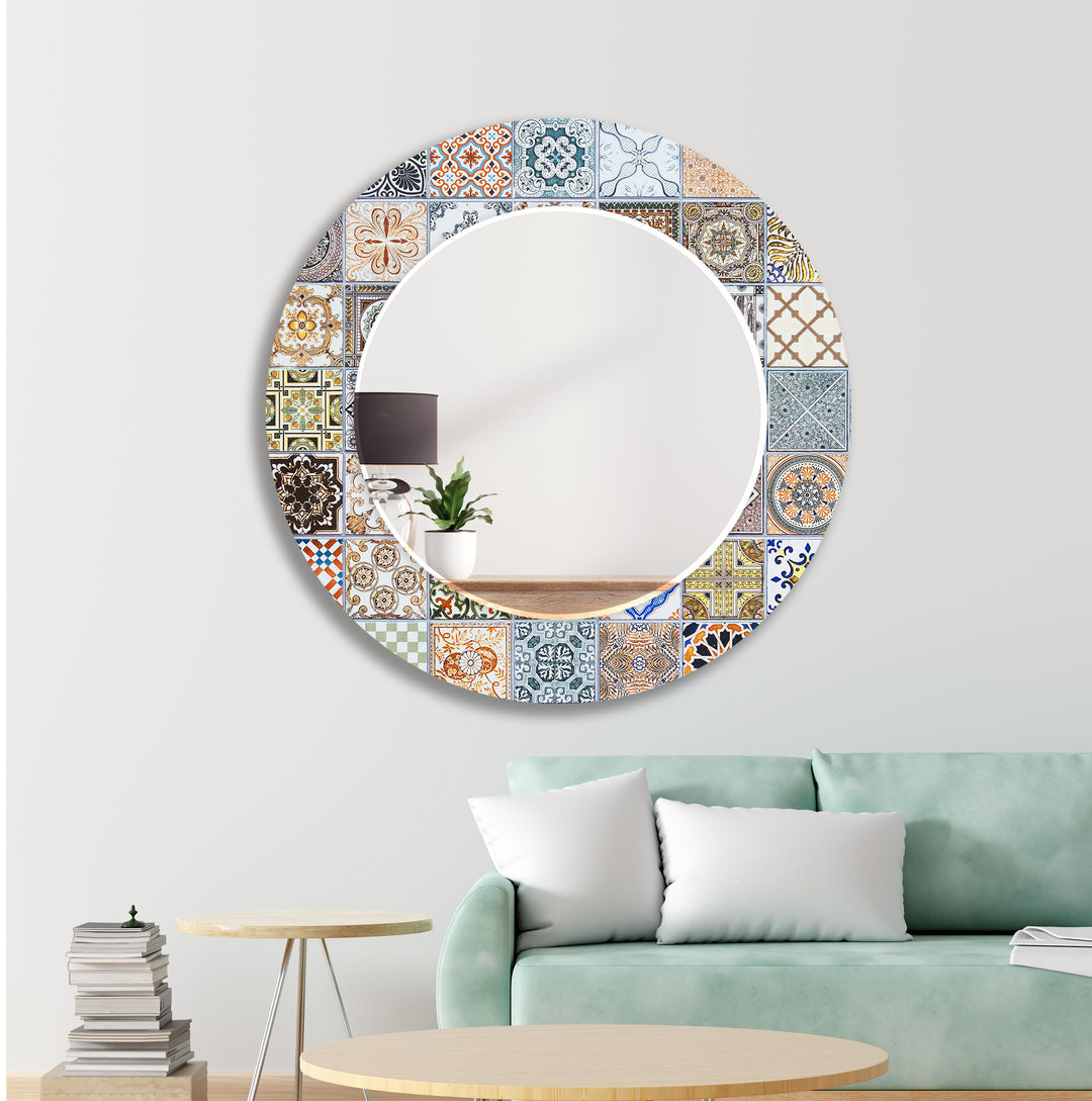 Mosaic Design Beige Round Wall Mirror Round Mirror
