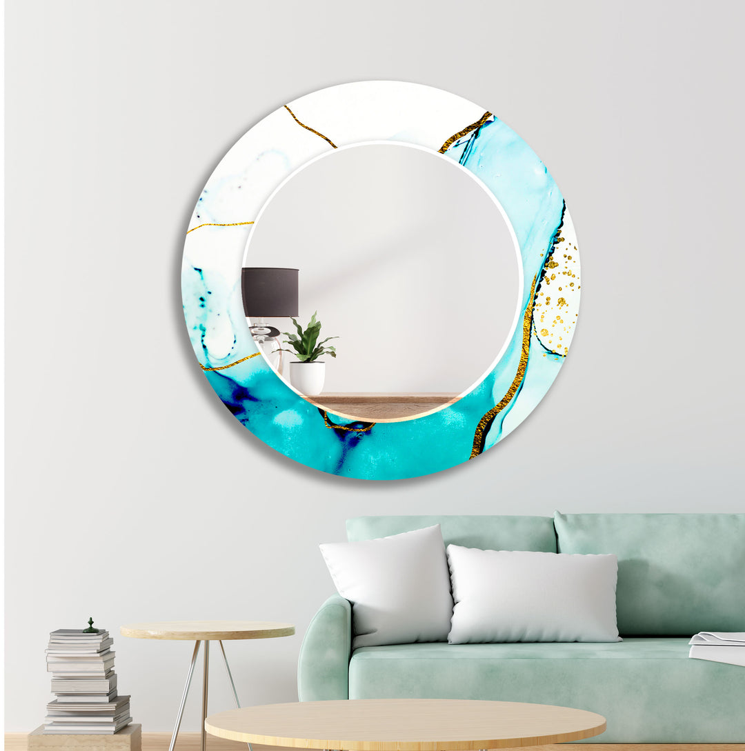 White and Turquoise Golden Details Wall Mirror Living Room Wall Mirror
