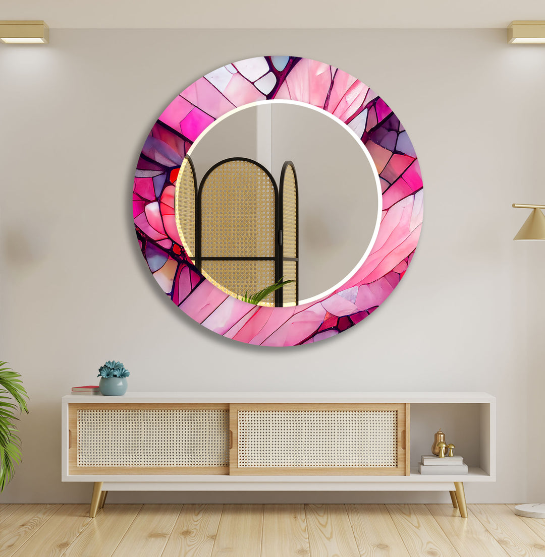 Stained Pink Round Wall Mirror mirror black
