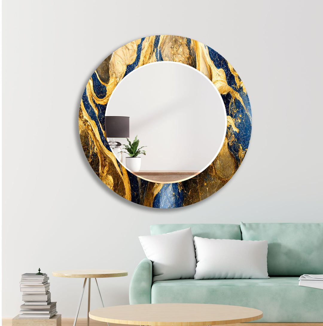 Blue and Golden Marble Wall Mirror Round Wall Mirror
