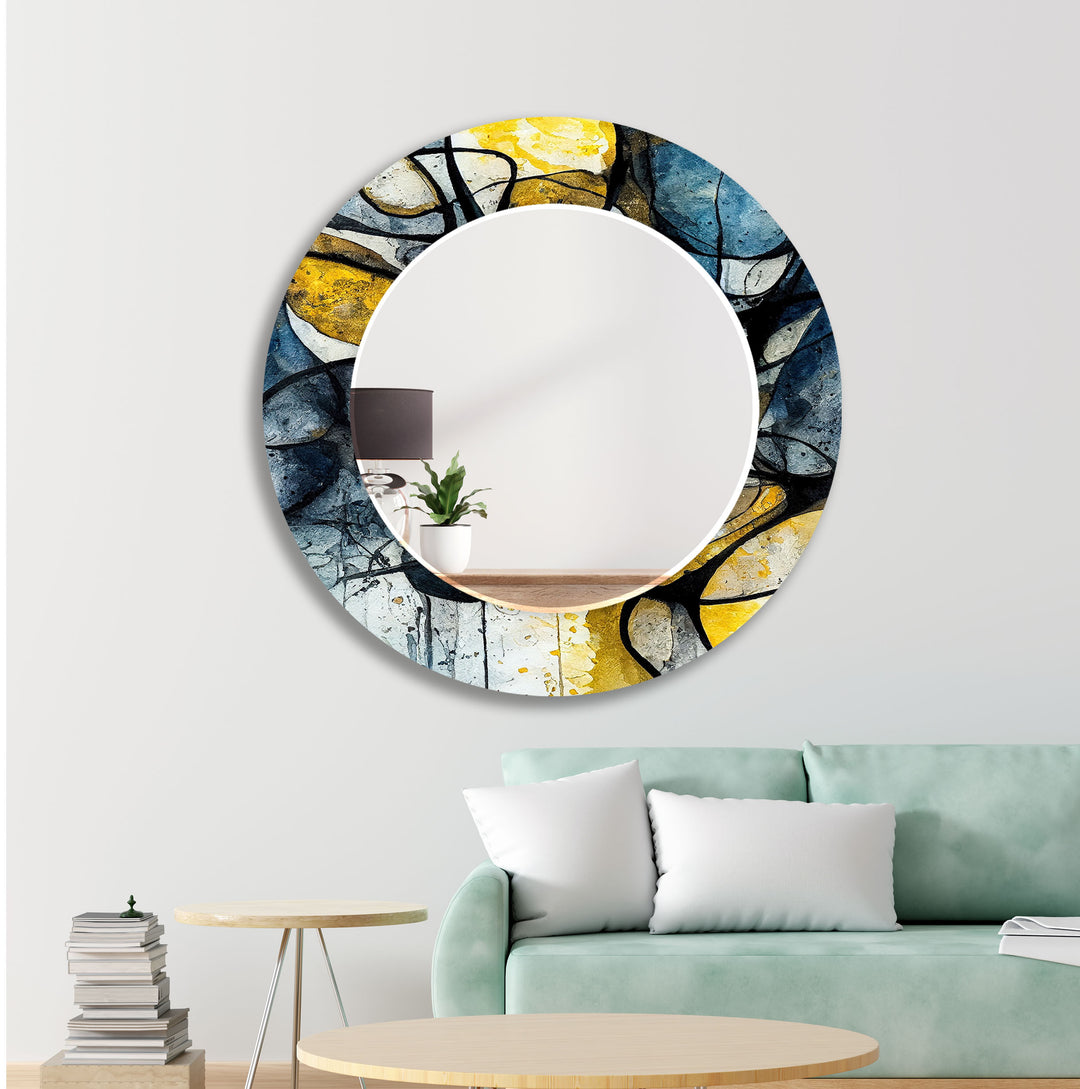 Blue and Yellow Ink Abstract Wall Mirror Entryway Wall Mirror
