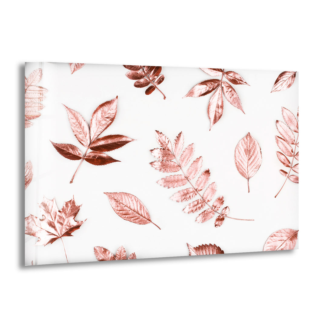 Rose Gold Leaves Glass Wall Art, print picture on glass, Tempered Glass Wall Art
