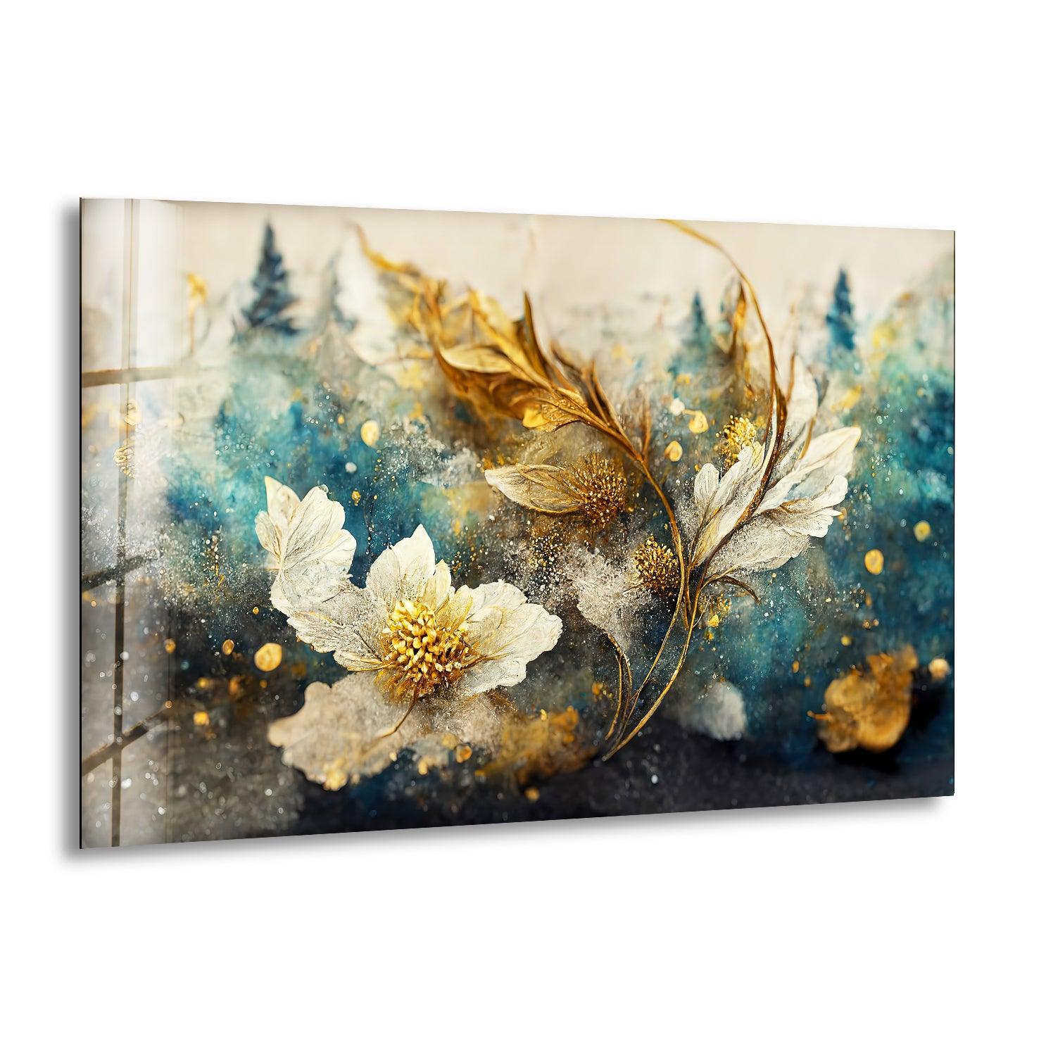 Elegant Golden Sheen Flower Glass Wall Art, print on glass, glass printed photos