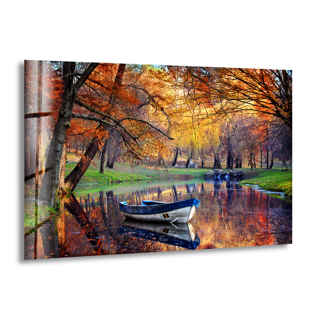 Autumn & Boat Landscape Glass Wall Art print picture on glass, Tempered Glass Wall Art