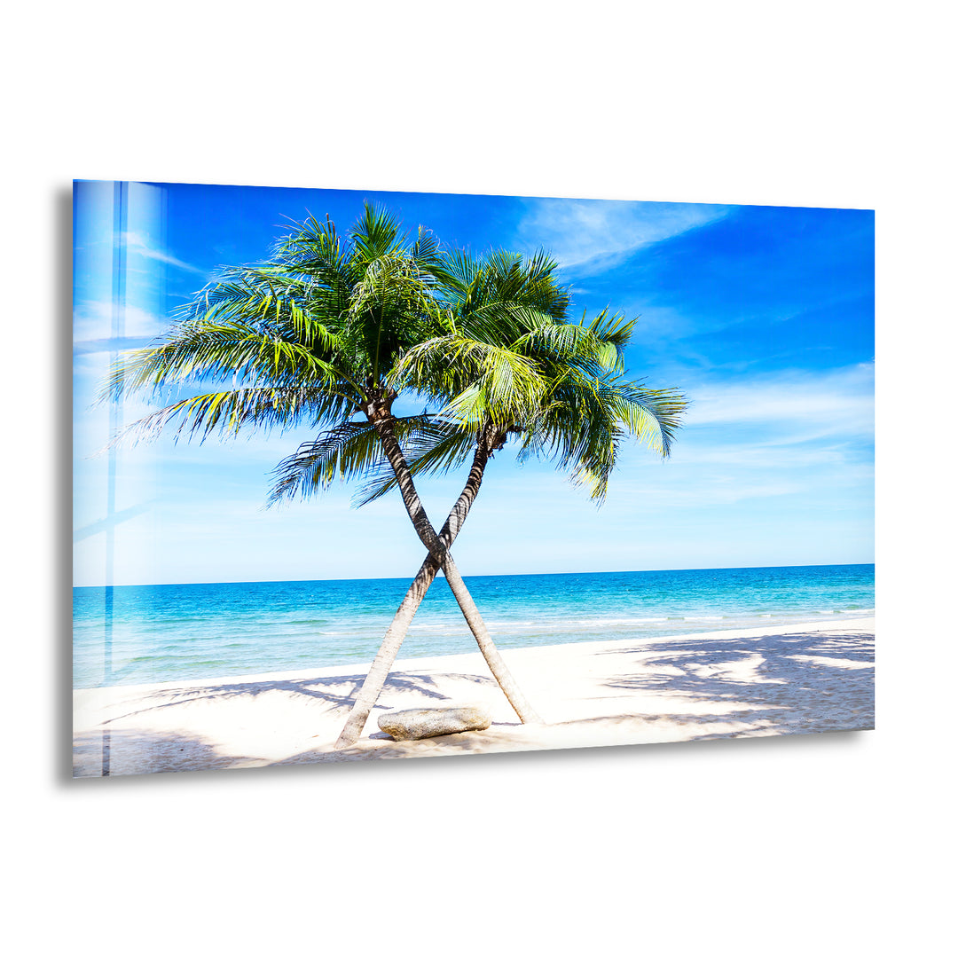 Sand Island Coconut Tree Glass Wall Art custom glass pictures, glass art prints