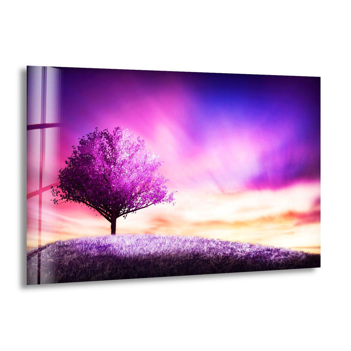 Purple Tree Landscape Glass Wall Art print on glass, glass printed photos