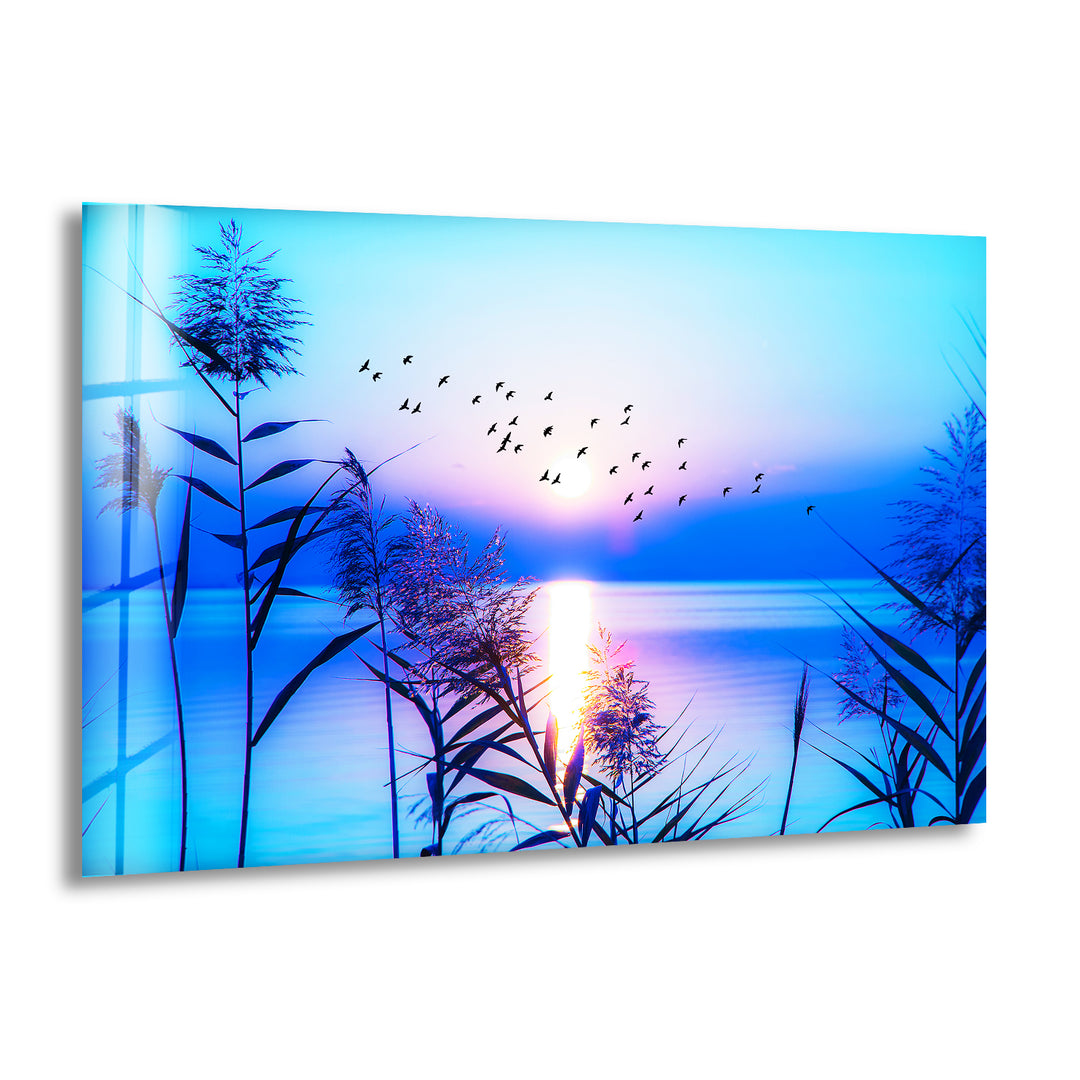 Blue Sunrise On Lake Glass Wall Art glass art painting, glass art for the Wall