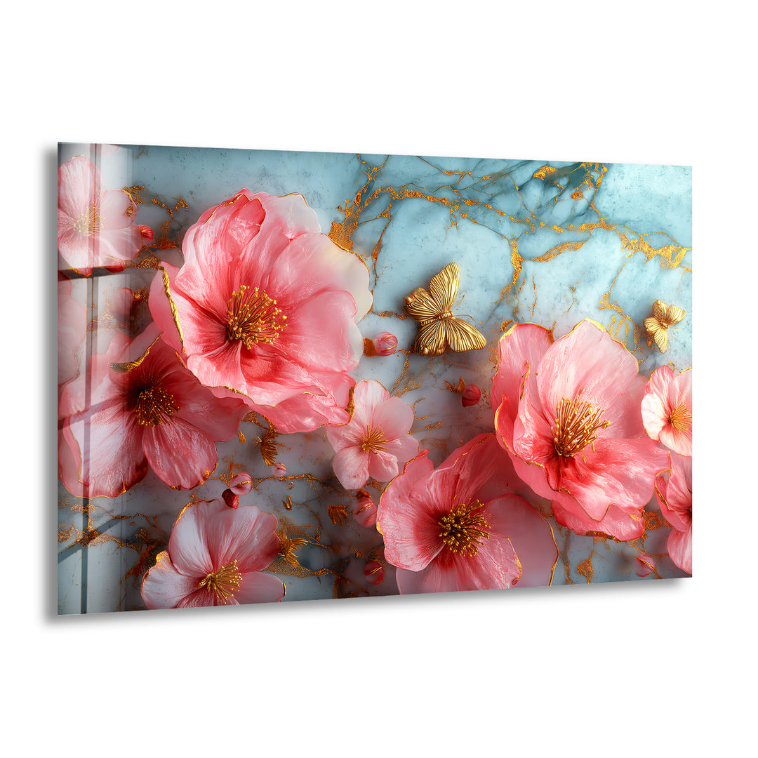 Pink & Gold Floral Glass Wall Art, print on glass, glass printed photos