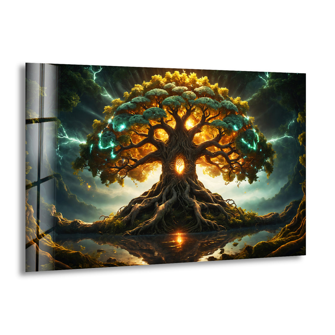 Glowing Yggdrasil Tree Glass Wall Art, print picture on glass, Tempered Glass Wall Art