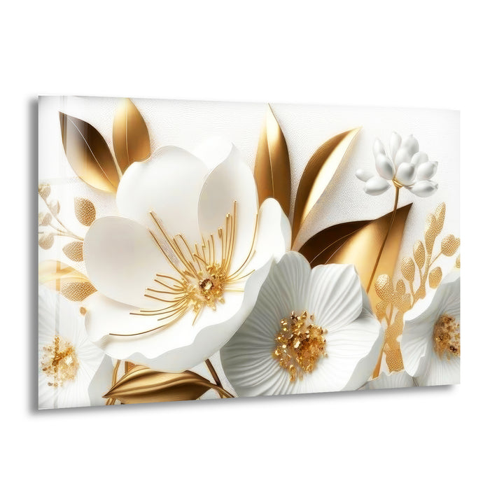 White Gold Flowers Glass Wall Art, print picture on glass, Tempered Glass Wall Art