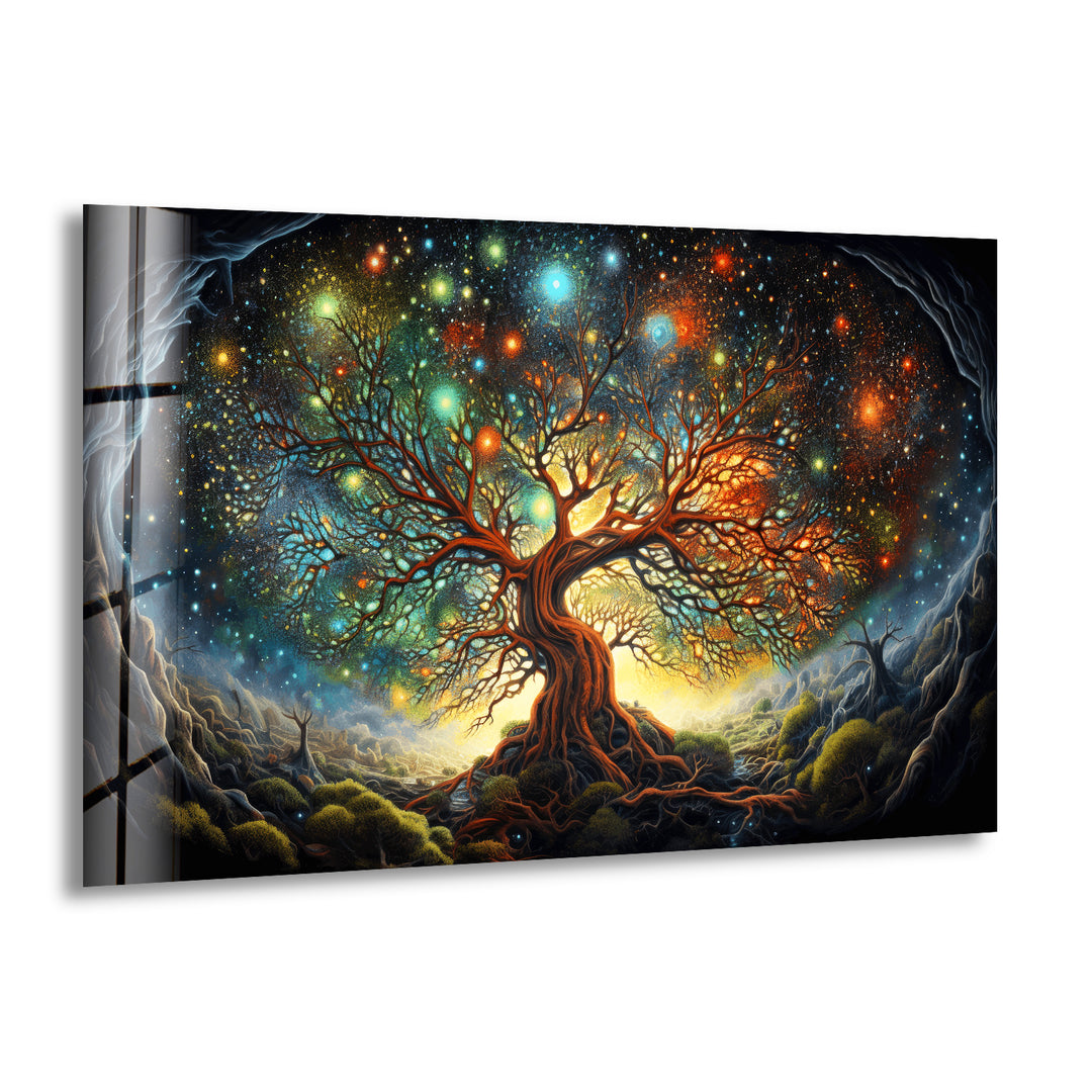 Tree With Stars Painting Glass Wall Art, print picture on glass, Tempered Glass Wall Art