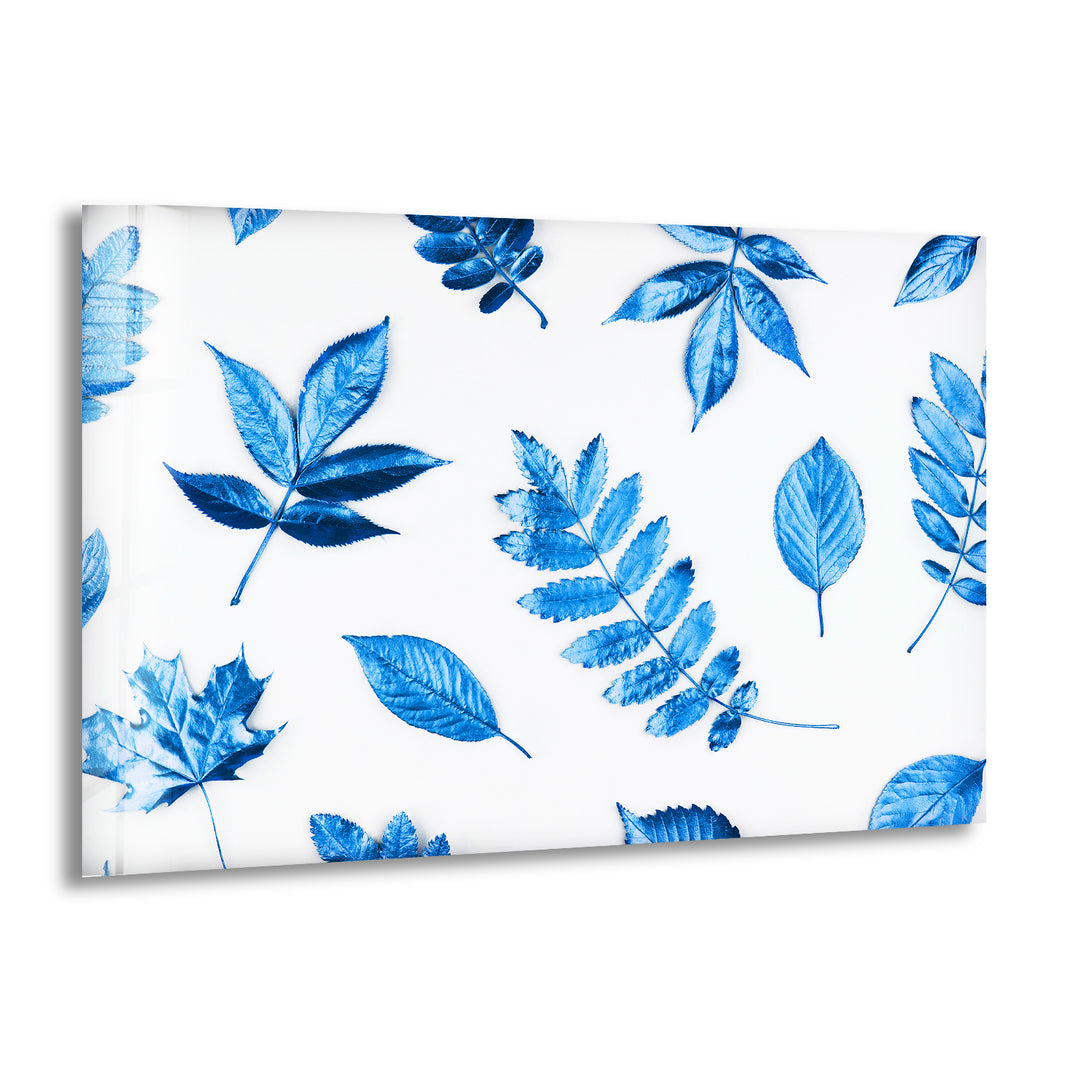 Blue Leaves Glass Wall Art, print picture on glass, Tempered Glass Wall Art