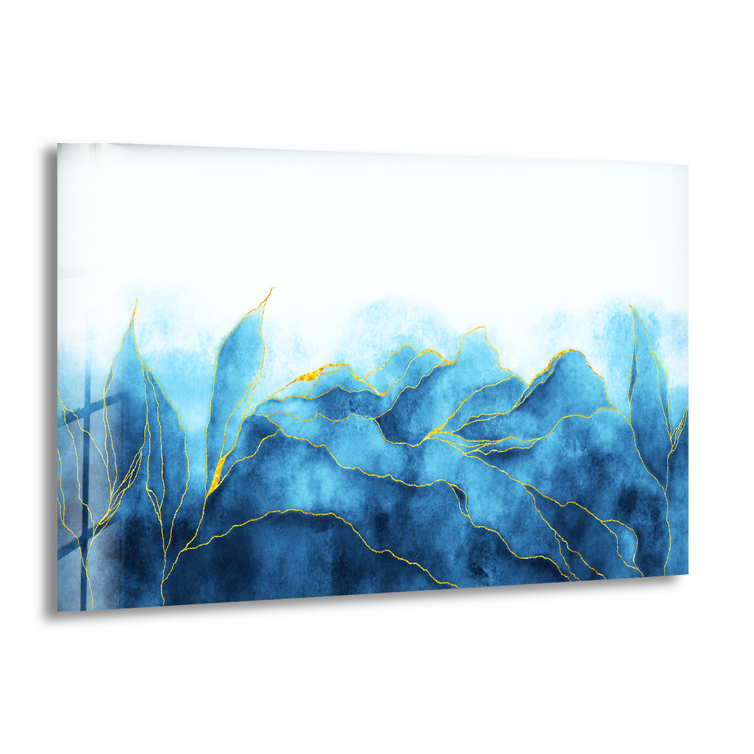 Blue Watercolor Leaves Glass Wall Art, print on glass, glass printed photos