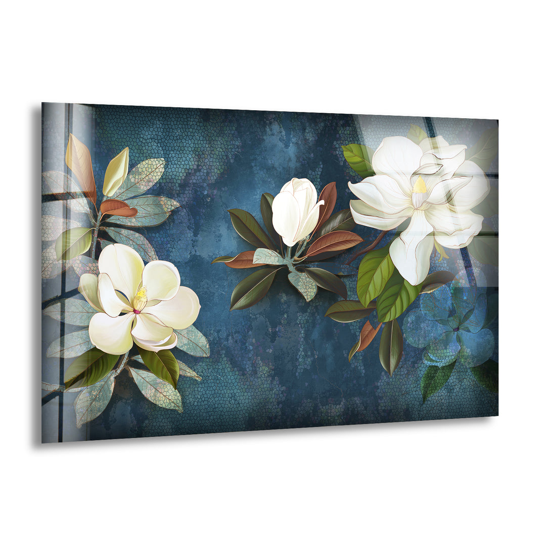 Painted White Magnolia Glass Wall Art, print on glass, glass printed photos