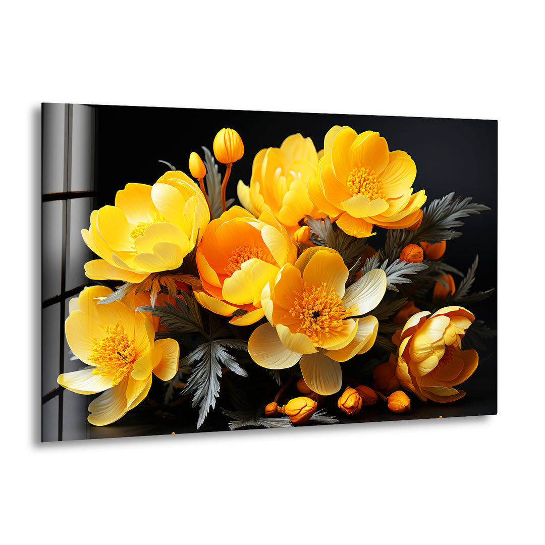 Yellow Peony Bouquet Glass Wall Art, print picture on glass, Tempered Glass Wall Art